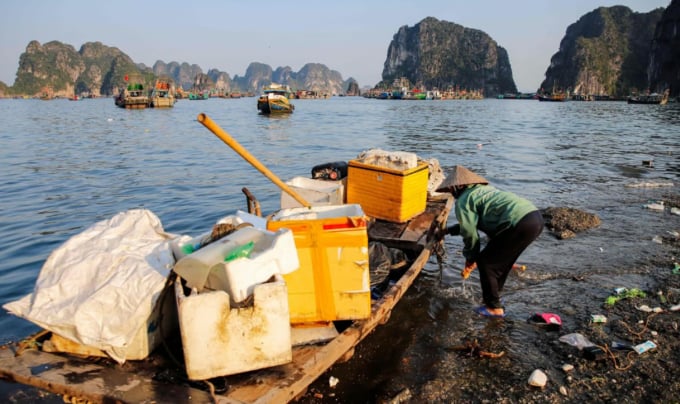 People hired by local authorities to collect trash in Ha Long Bay. Photo: AFP