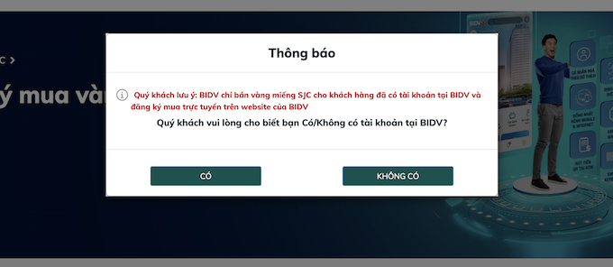 BIDV requires people who register to buy gold to have an account.