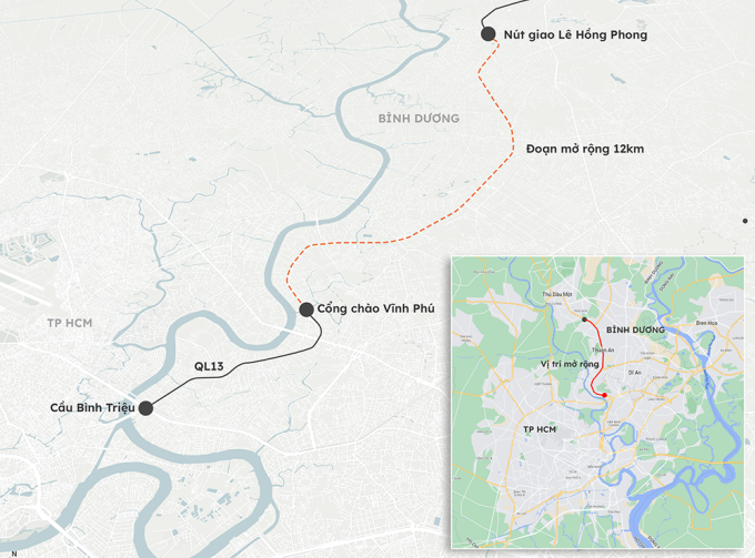 Der Abschnitt der Nationalstraße 13 durch Binh Duong wird erweitert. Grafik: Khanh Hoang