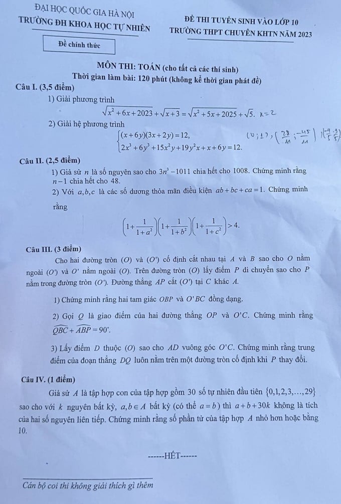 Đề thi Toán vòng 1 thi lớp 10 chuyên Khoa học Tự nhiên