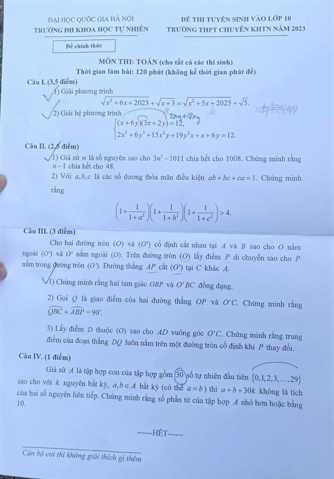 Đề thi Toán vòng 1 vào lớp 10 Trường THPT chuyên Khoa học Tự nhiên