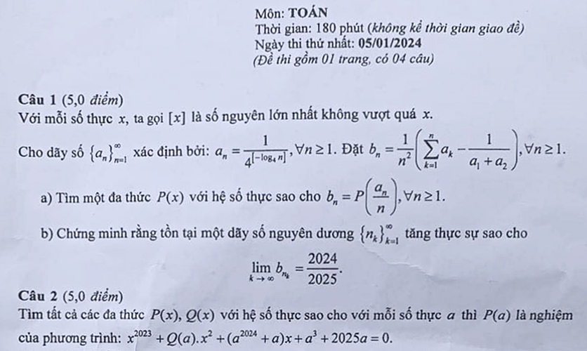 Đề Toán thi học sinh giỏi quốc gia ngày 1