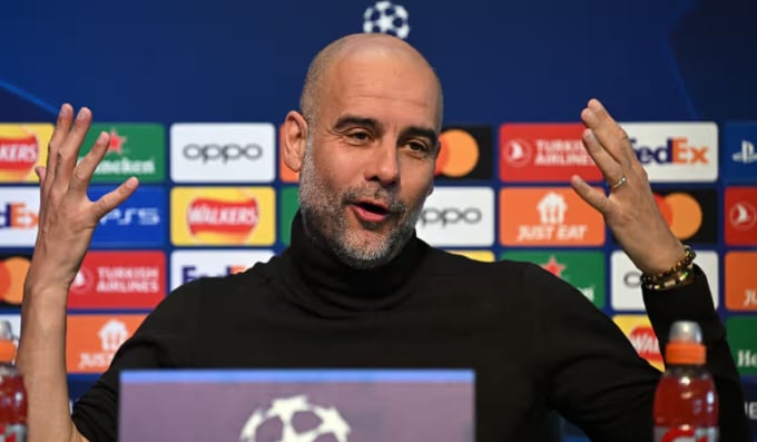 Guardiola en rueda de prensa antes del partido contra el RB Leipzig. Foto: AFP.
