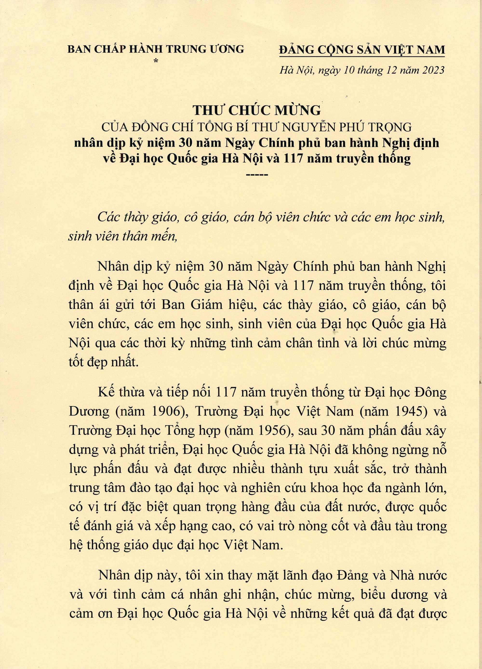 Tổng Bí thư Nguyễn Phú Trọng gửi thư chúc mừng ĐH Quốc gia Hà Nội - Ảnh 1.