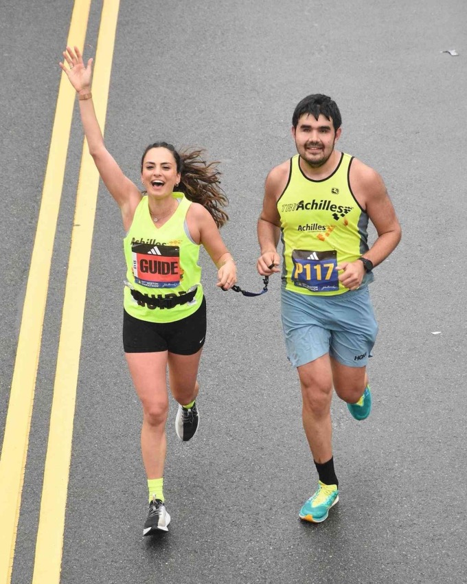 Magisano and a fellow runner from the Achilles organization on the 2023 Boston Marathon course. Photo: Boston Marathon