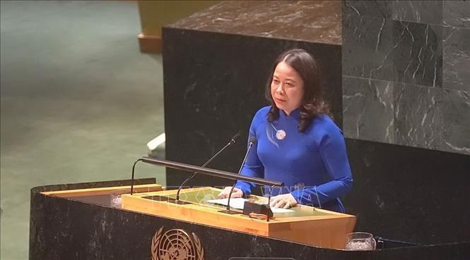 Stellvertreter Präsident von Vietnam Thi Anh Xuan spricht bei der Eröffnungssitzung der 68. Sitzung der Kommission für die Rechtsstellung der Frau (CSW68) des Wirtschaftsrats. Konferenz der Vereinten Nationen für wirtschaftliche und soziale Angelegenheiten (ECOSOC). Foto: VNA