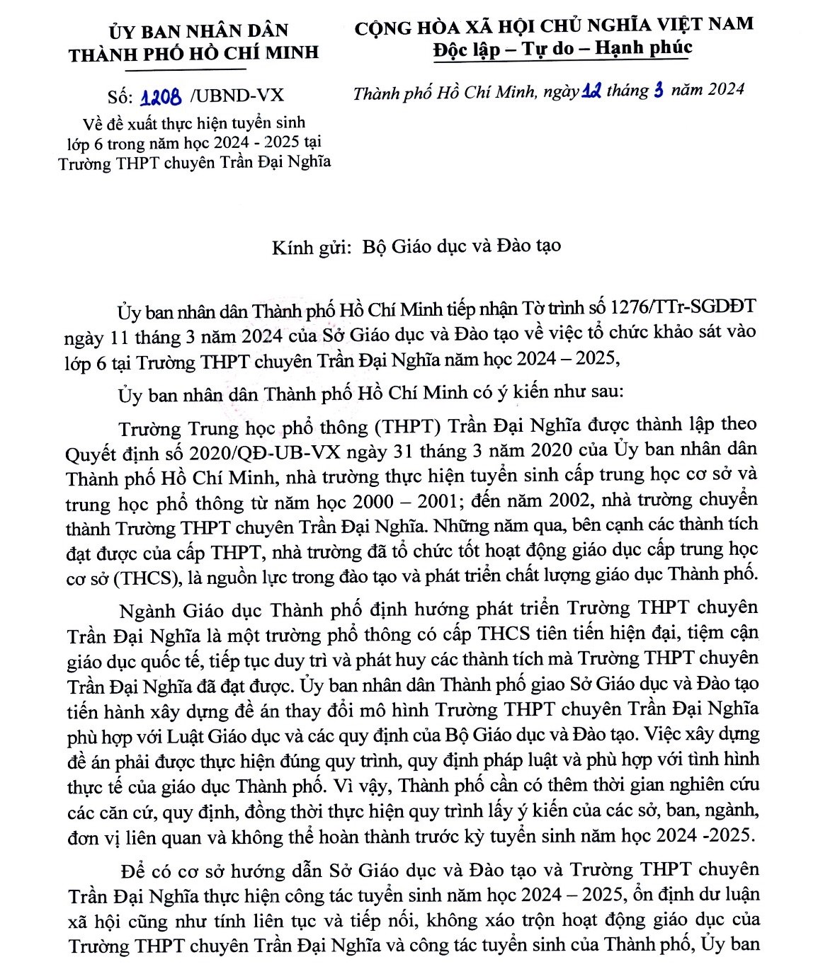 UBND TP.HCM kiến nghị Bộ GD-ĐT về tuyển sinh lớp 6 Trường THPT chuyên Trần Đại Nghĩa- Ảnh 2.