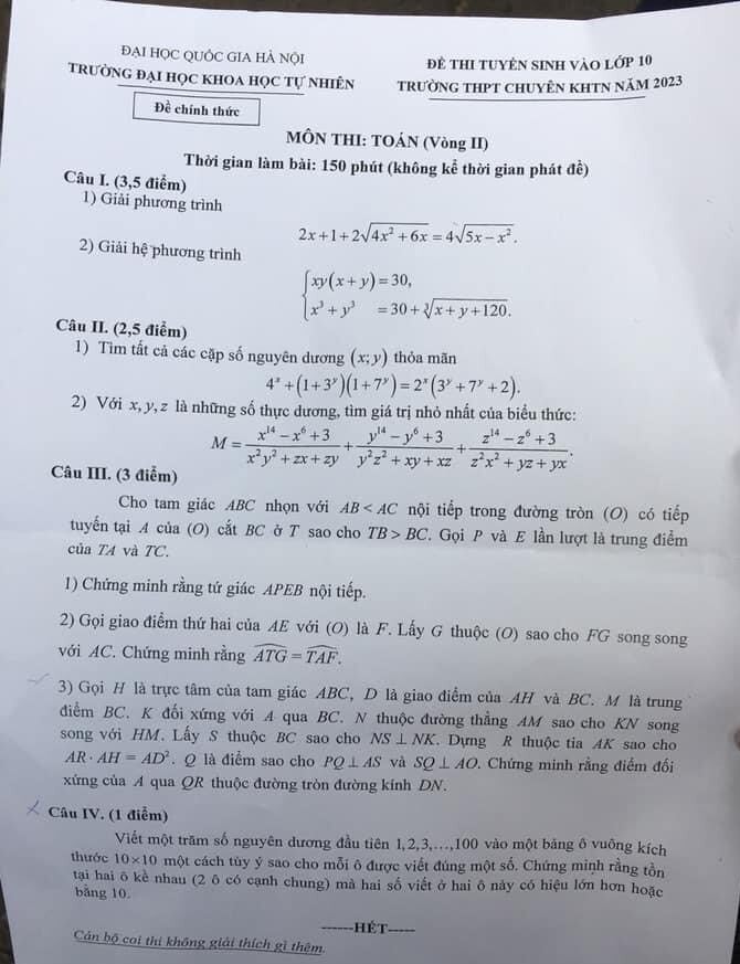 Đề thi Toán vòng 2 vào lớp 10 chuyên Khoa học Tự nhiên năm 2023