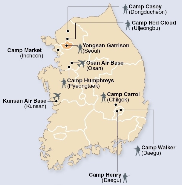 Расположение некоторых военных баз США в Южной Корее. Изображение: Korea Herald.
