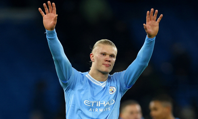 Haaland celebra su gol cuando el Man City venció al Leipzig por 3-2 en el Etihad Stadium, Manchester, Inglaterra, en la quinta ronda del Grupo G de la Liga de Campeones en la noche del 28 de noviembre de 2023. Foto: Reuters