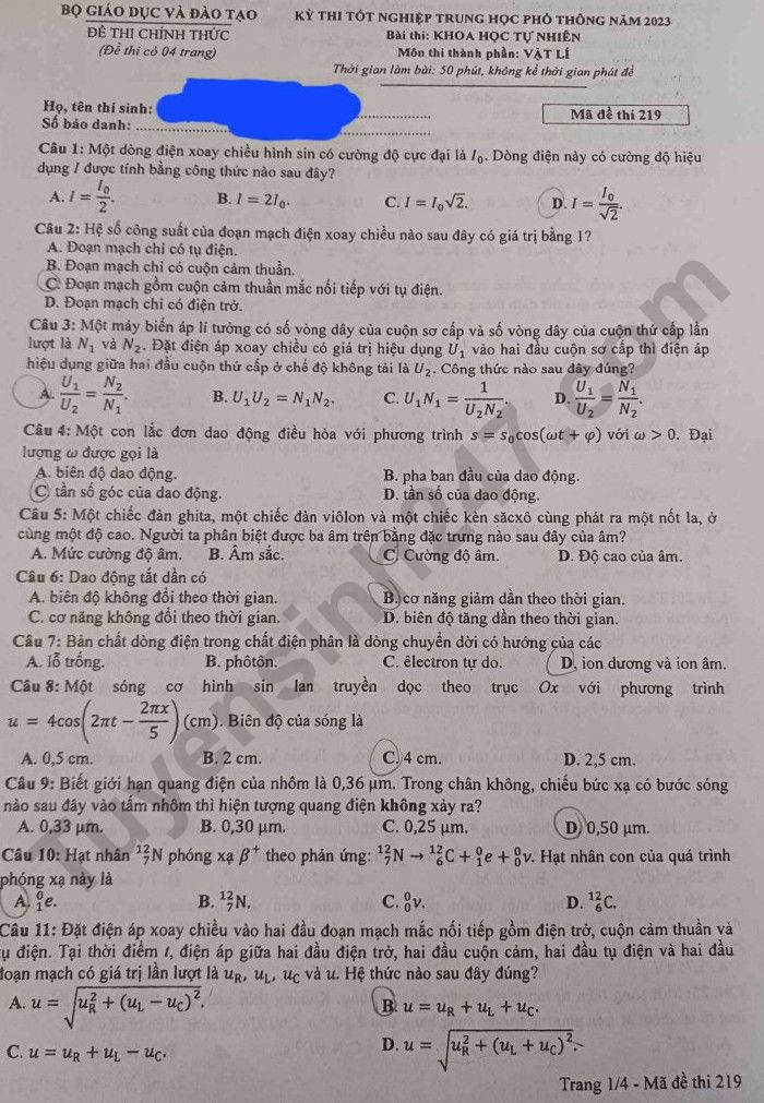 Examen de graduación de secundaria 2023 código de examen de física 219 imagen 1