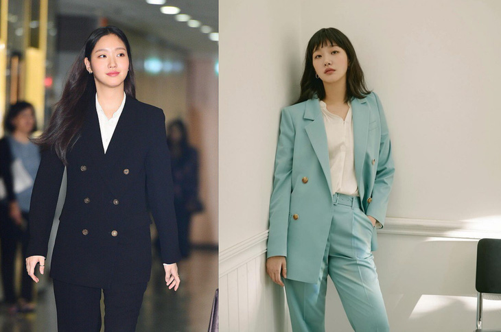 Kim Go Eun thần thái ngút ngàn trong cả hai trang phục màu đen và xanh két theo phong cách "tổng tài" - Ảnh: Instagram