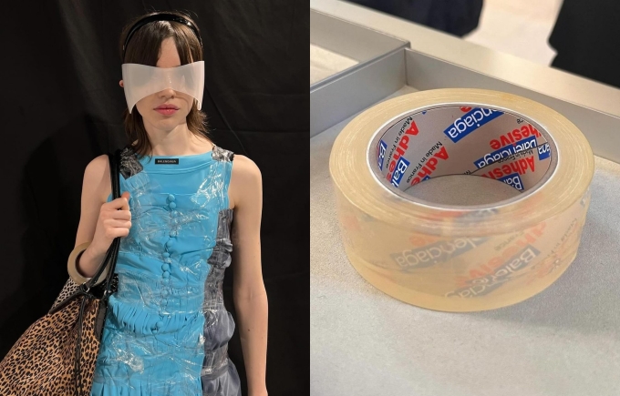 Bei Balenciagas Herbst-Winter-Show 2024 verwendeten Models Klebebandrollen als Armbänder und trugen mit Klebeband umwickelte Kleider. Foto: WWD