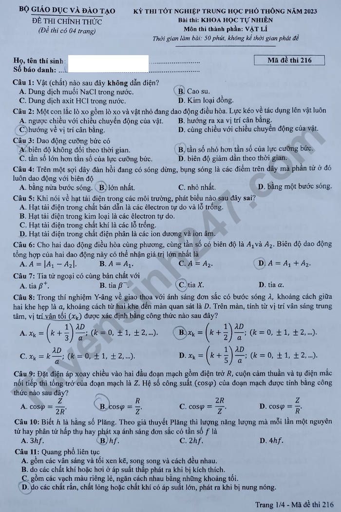 High school graduation exam 2023 physics exam code 216 picture 1