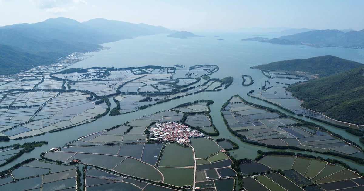 Gros plan du village vieux de 370 ans « flottant » au milieu de la lagune de Nha Phu