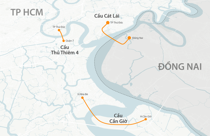 Ubicación de la construcción del puente Thu Thiem 4. Ciudad Ho Chi Minh también busca opciones de inversión para los proyectos de los puentes Can Gio y Cat Lai. Gráficos: Khanh Hoang