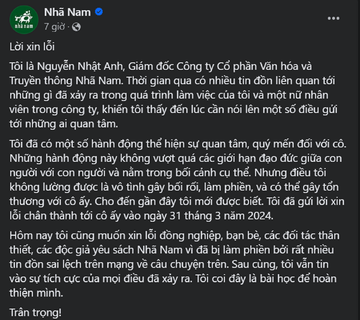 Apology on Nha Nam company fanpage.