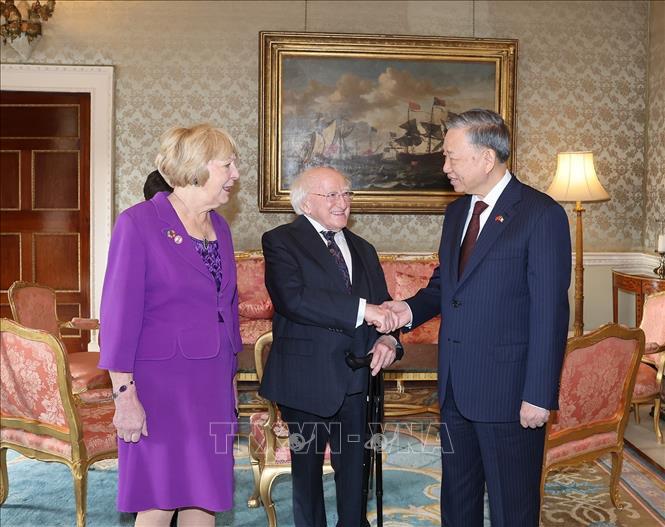 Irish President Michael D. Higgins and his wife saw off General Secretary and President To Lam after the tree planting ceremony. Photo: VNA