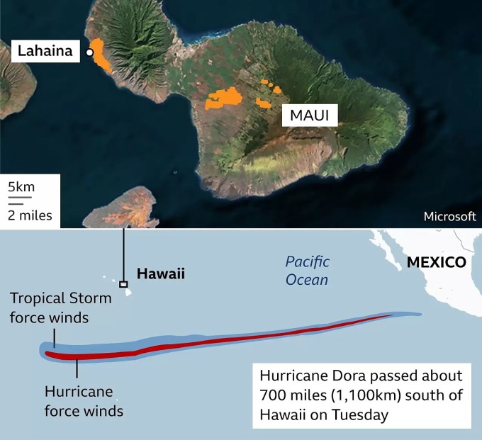 Ubicación de la isla de Maui y trayectoria del huracán Dora. Gráficos: BBC