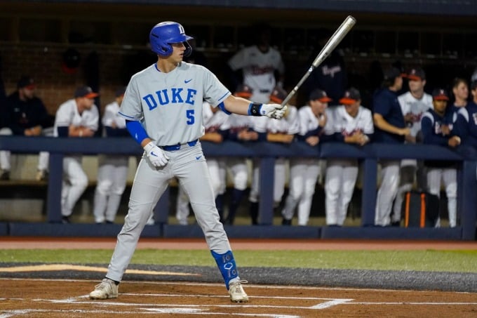 Duke University baseball players during a game against the University of Virginia on April 29. Photo: Goduke