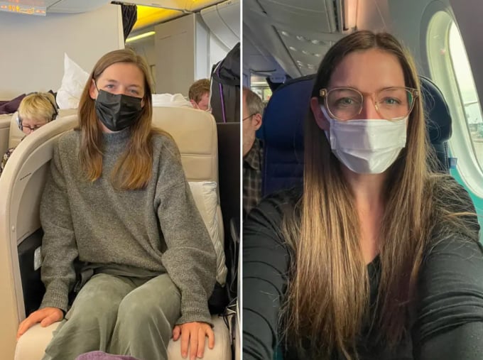 Monica Humphries sitzt in der Business Class (links) und in der Economy Class. Foto: Insider