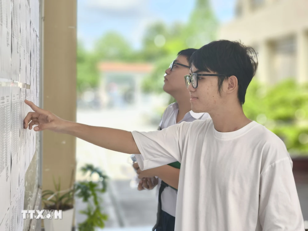 Los candidatos verifican la información en el sitio de pruebas en la provincia de Ben Tre. (Foto: Huynh Phuc Hau/VNA)