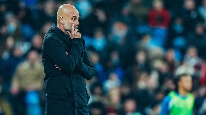 Guardiola trong trận Man City thắng ngược RB Leipzig trên sân Etihad ở lượt năm bảng G Champions League trên sân Etihad ngày 28/11. Ảnh: mancity.com