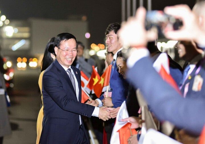 Im Ausland lebende Vietnamesen begrüßen Präsident Vo Van Thuong und seine Frau am internationalen Flughafen Haneda.