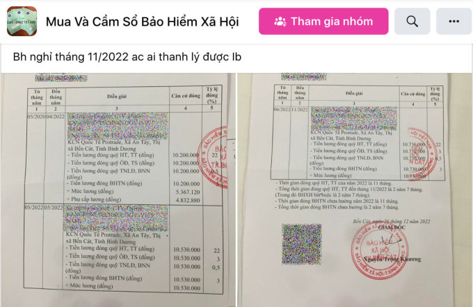 Sổ BHXH của người lao động thể hiện rõ quá trình tham gia, được đăng thanh lý công khai trong hội Mua bán và cầm sổ BHXH có 15.100 thành viên. Ảnh chụp màn hình