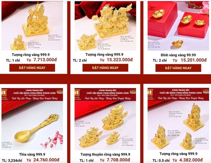 Bao Tin Minh Chau's gold products for God of Wealth Day 2024 are available for pre-order on the website. (Screenshot)