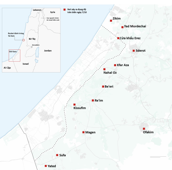 Locations of clashes between Hamas and the Israeli army on October 7-8. Graphics: CNN