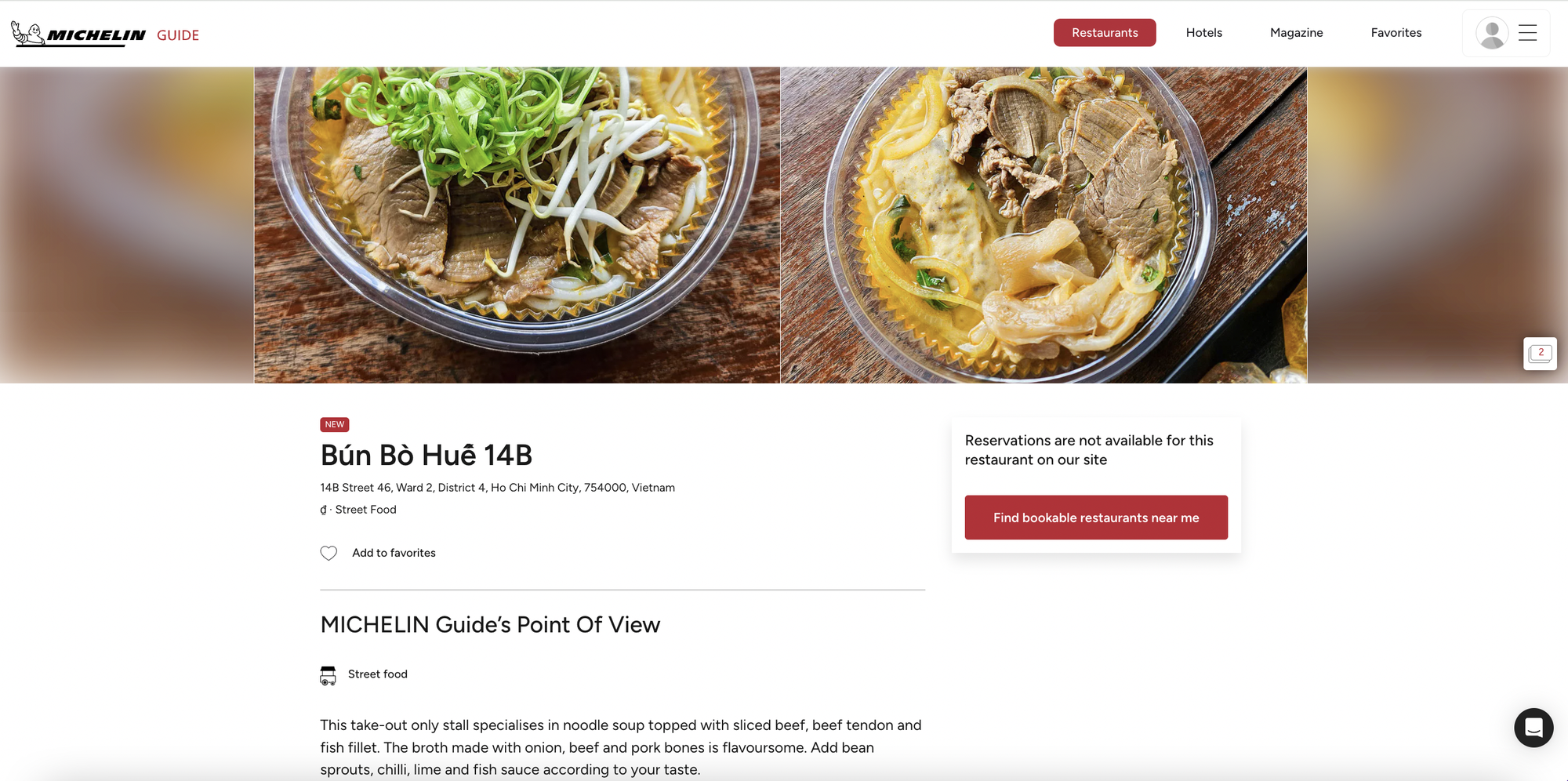 Phần miêu tả quán bún bò Huế 14B trên website của Michelin Guide - Ảnh chụp màn hình