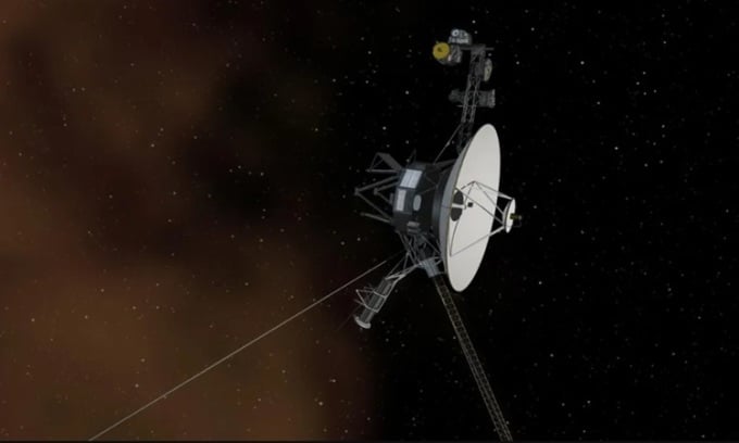 Simulation eines Raumschiffs Voyager, das im Weltraum fliegt. Foto: NASA