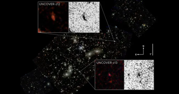 Light travels more than 13 billion years from ancient galaxy duo