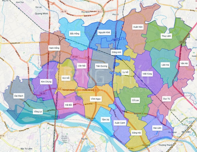 Karte der Standorte der Gemeinden, in denen im Rahmen des Projekts zur Aufwertung des Bezirks Dong Anh zu einem Bezirk die Bildung von Bezirken vorgeschlagen wird. Quelle: Volkskomitee des Bezirks Dong Anh