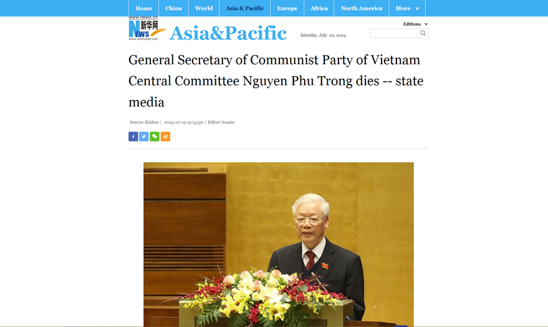 Nachrichten auf Xinhua (englische Version) zum Tod des Generalsekretärs der Kommunistischen Partei Vietnams, Nguyen Phu Trong – Screenshot