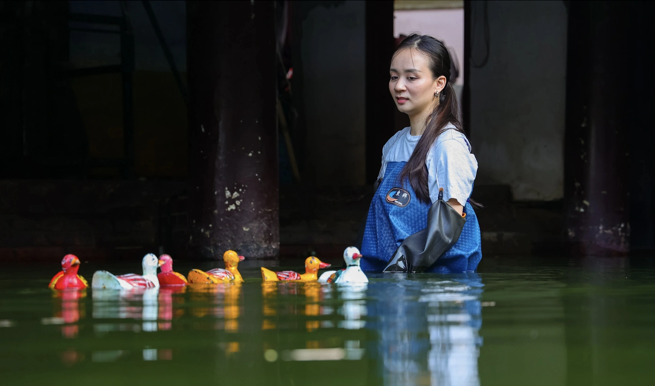 Soaking in water all day, puppeteer falls down, in pain, crawling down stairs