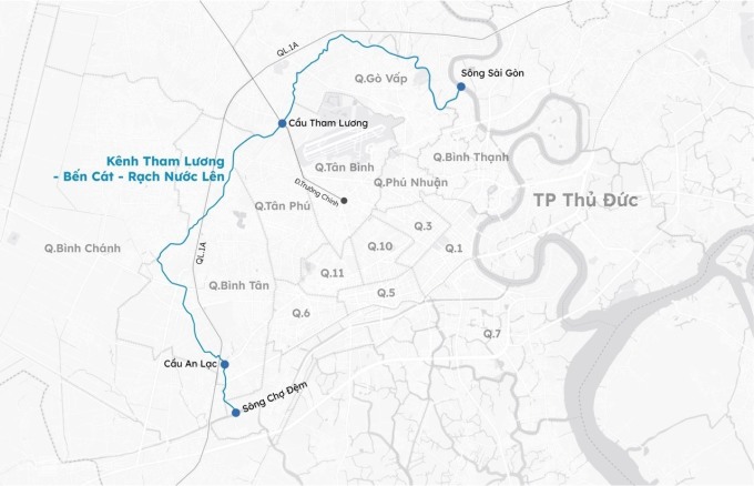 Hướng tuyến kênh Tham Lương - Bến Cát - rạch Nước Lên. Đồ hoạ:Khánh Hoàng