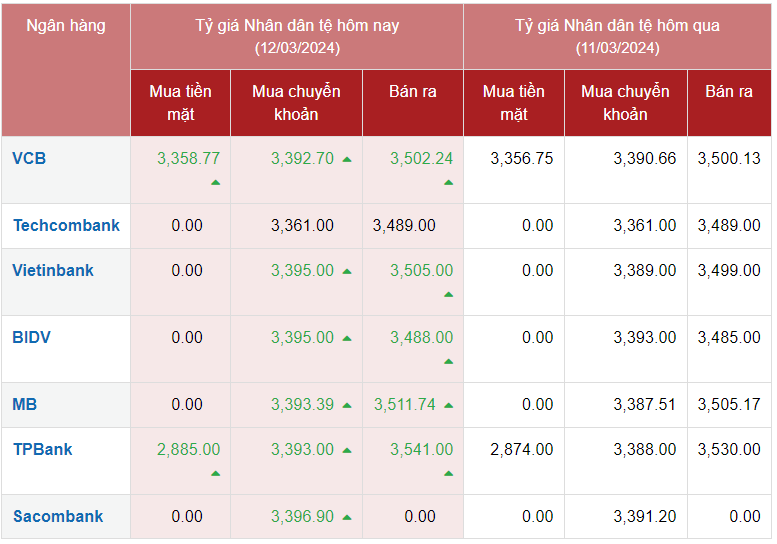 Tỷ giá Nhân dân tệ hôm nay 12/3/2024: