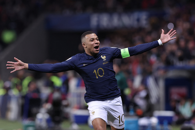 Mbappe celebrates his goal in France's 14-0 win over Gibraltar at the Riviera Stadium in Nice in the Euro 2024 qualifiers on November 18. Photo: AFP