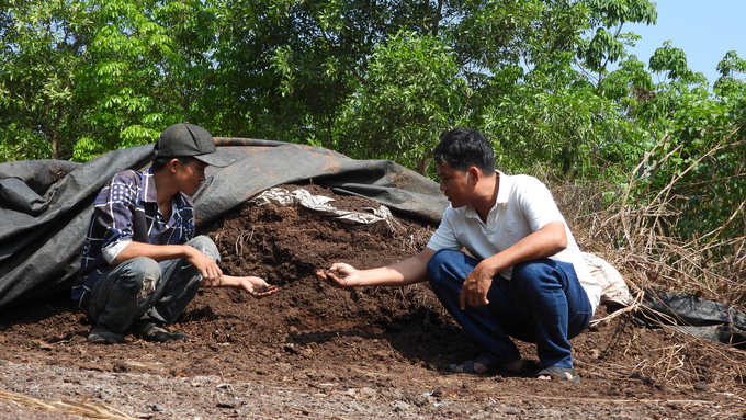 HTX Cây ăn quả Tân Mỹ tự sản xuất phân hữu cơ từ phế phụ phẩm sẵn có tại địa phương để bón cho cây trồng. Ảnh: Trần Trung.