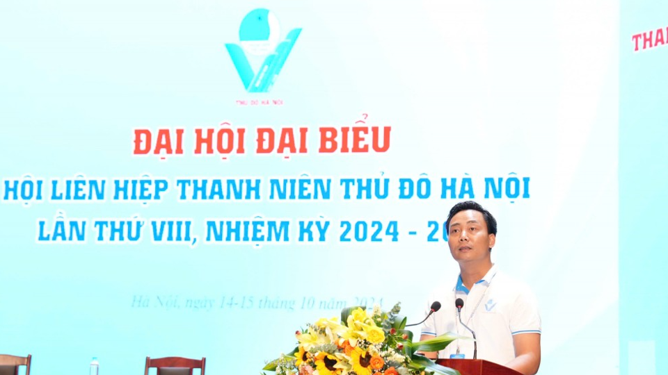 Phó Bí thư Thường trực Thành đoàn, Chủ tịch Hội LHTN Việt Nam TP Hà Nội khoá VII Nguyễn Đức Tiến phát biểu khai mạc Đại hội. Ảnh: Mạnh Phạm