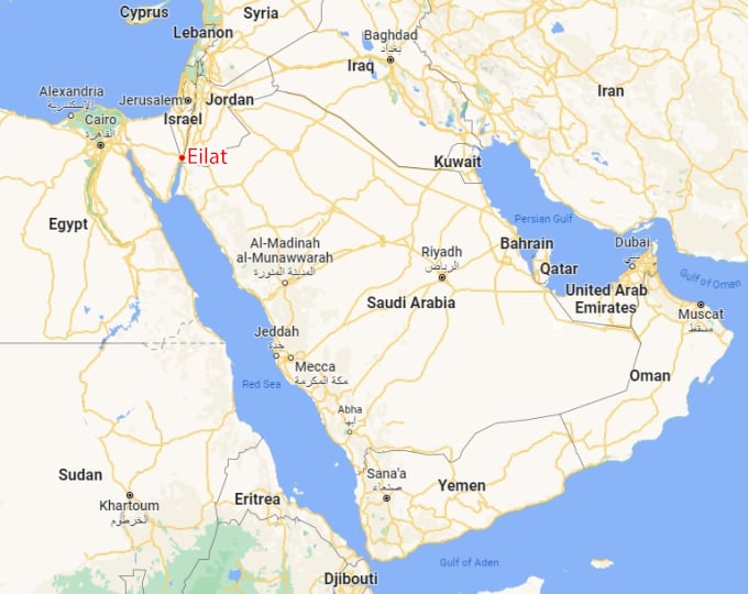 Vị trí thành phố Eilat, Israel và Yemen. Đồ họa: Google Maps
