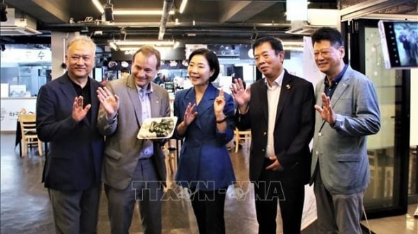 El Ministro de Industria y Comercio de Corea invita al embajador vietnamita Vu Ho y al embajador alemán Georg Wilfried Schmidt a visitar el mercado tradicional de Kyungdong