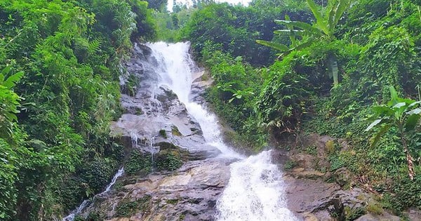 Una hermosa cascada en Lao Cai con agua arremolinándose como nubes, debajo hay un estanque donde se pueden ver bancos de peces de arroyo nadando alrededor.