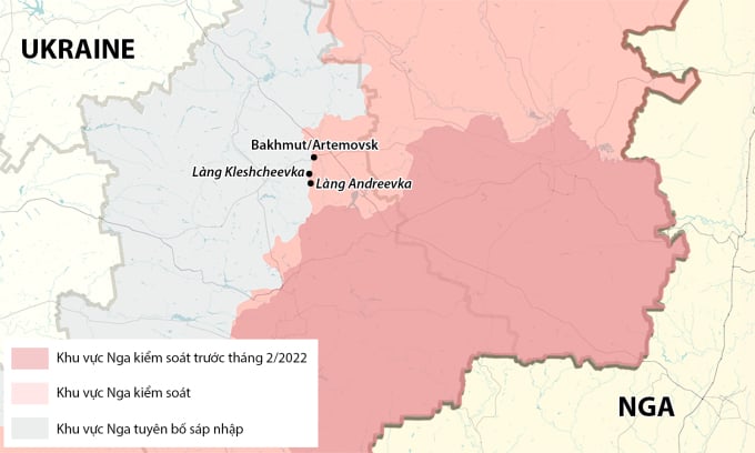 Местоположение города Бахмут/Артемовска, села Клещеевка и села Андреевка. Графика: RYV