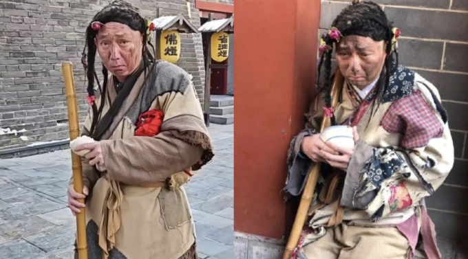 Photo de Lu Jiangang déguisé en mendiant au parc Qingming Shanghe dans la province du Henan, début 2024. Photo : Odditycentral