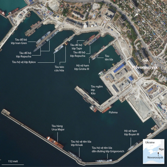 Satellitenbilder vom Anfang des Monats zeigen russische Kriegsschiffe im Hafen von Noworossijsk in der Region Krasnodar im Süden Russlands. Foto: Planet Labs