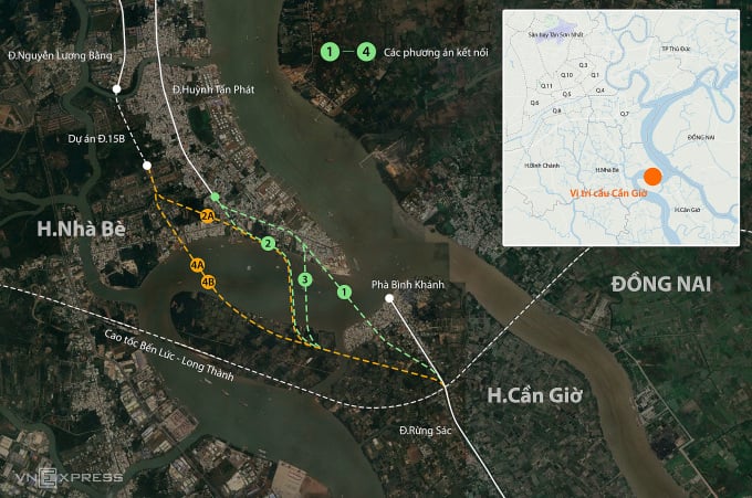 6 route options for Can Gio bridge construction. Graphics: Khanh Hoang