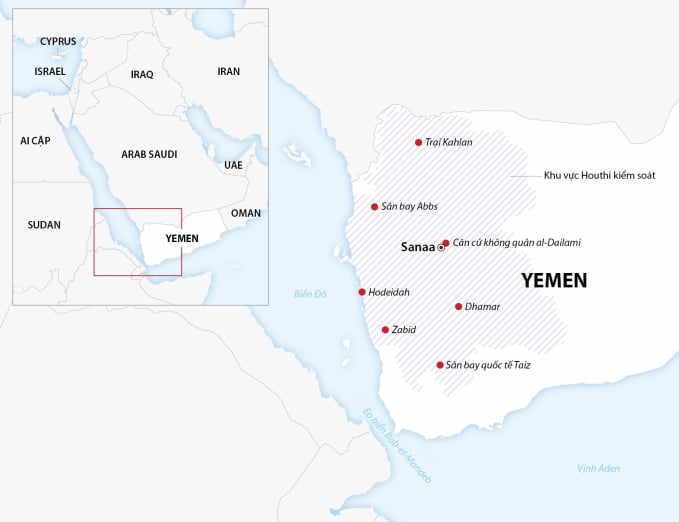 ホデイダとフーシ派支配地域の他のいくつかの場所が空爆を受けた。グラフィック：AFP